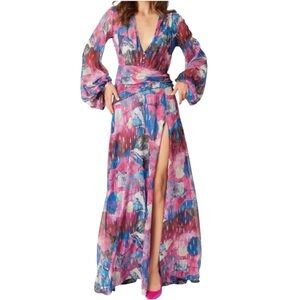 NWT ADRIENNE LANDAU Watercolor Long Blouson Sleeve V-Neck High Slit Dress Size 4